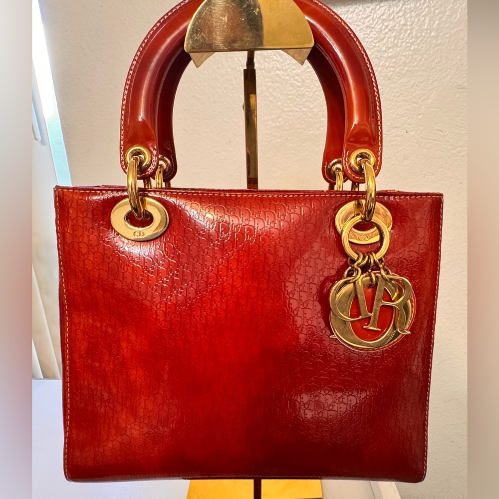 Lady Dior  Shiny Red Shoulder Bag with Gold Accents